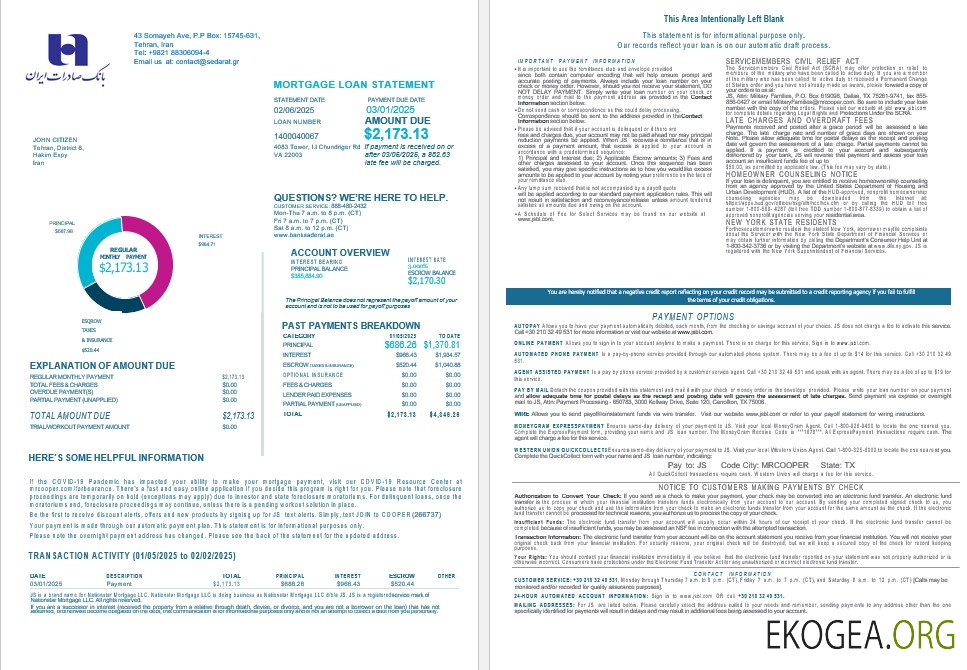 Relevé hypothécaire de l'Iran Bank Sederat aux formats Word et PDF 1 , 2